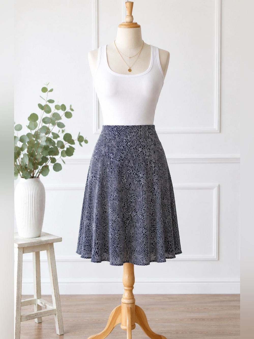 Hilary Radley Navy & Cream Speckled Flowy Skirt | Size L/G